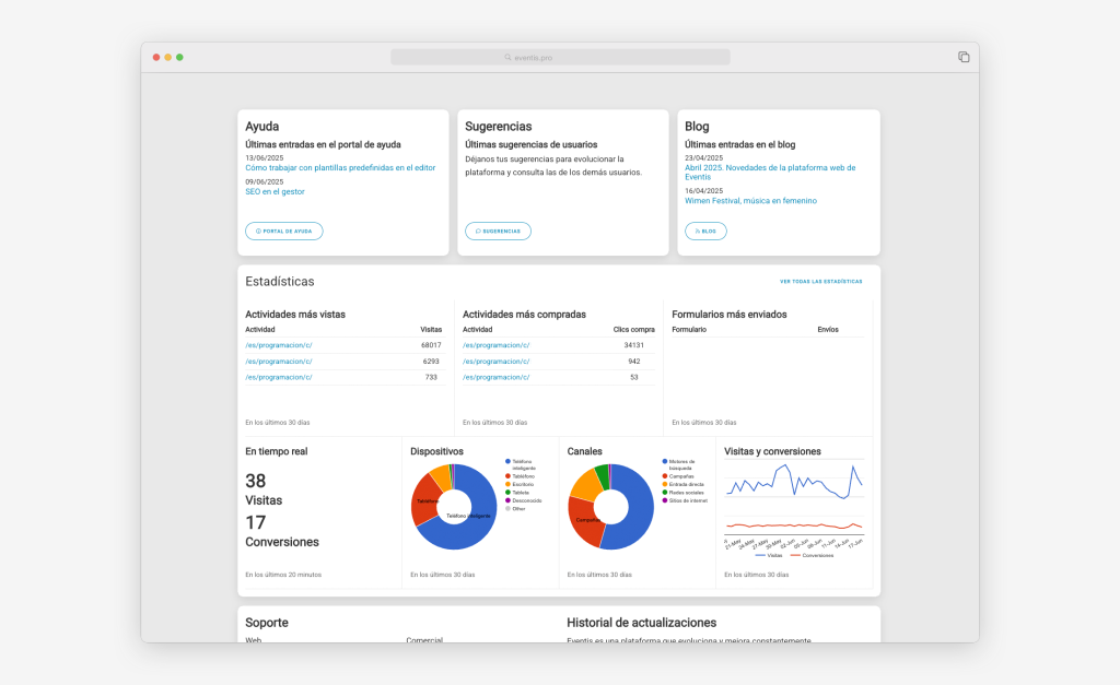 Imagen del nuevo panel de inicio del gestor web de Eventis