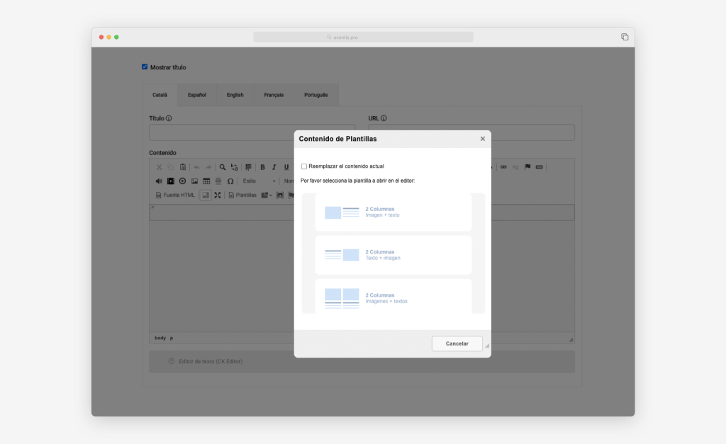 Vista de les opcions d'edició amb les plantilles de la plataforma web d'Eventis